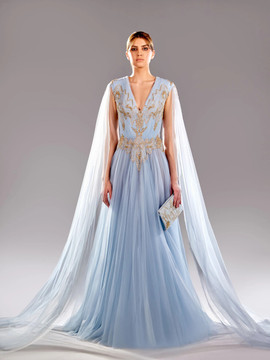 Embroidered Draping Shoulder Gown