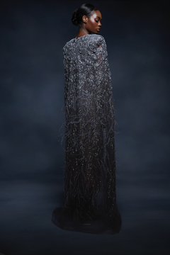 Beaded Feathered Midi Gown with Floor-Length Cape