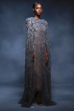 Beaded Feathered Midi Gown with Floor-Length Cape