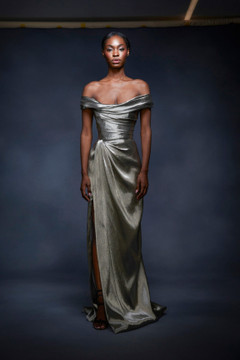 Off Shoulder Metallic Lamé Gown