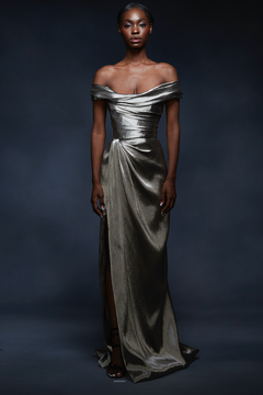 Off Shoulder Metallic Lamé Gown