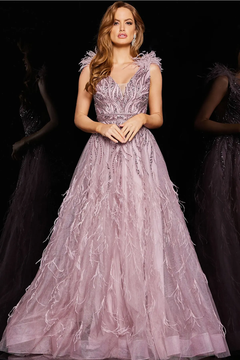 Beaded Feathered Ball Gown