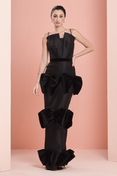 Silk Gazar Gown with Velvet Bow Detail