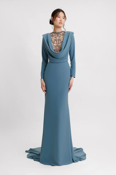 Long Sleeved Beaded Cowl-Neckline Gown