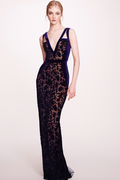 V-Neck Velvet Cutwork Dress