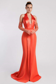 Halter Neck Crepe Backed Satin Gown