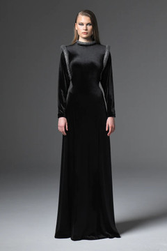 Velvet Gown with Crystal Embellishments Velvet Gown with Crystal Embellishments