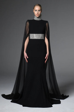 Crêpe Gown with Chiffon Sleeves