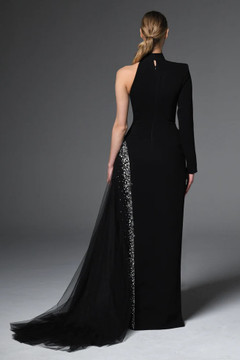 Asymmetric Crêpe Gown with Crystal Embroidery