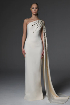 Asymmetric Crêpe Gown with Embroidery