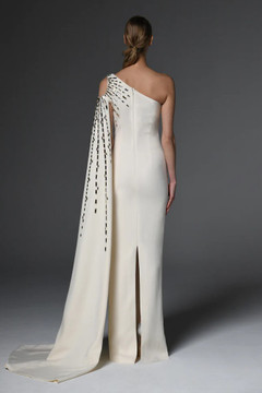 Asymmetric Crêpe Gown with Embroidery
