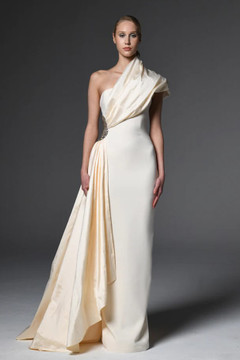 Asymmetric Crêpe Gown with Taffeta Collar