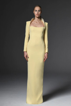 Long Crêpe Gown with Embroidered Collar
