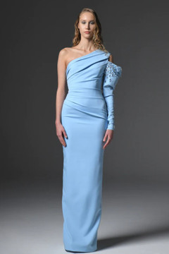 Asymmetric Crêpe Gown with Embroidered Sleeve