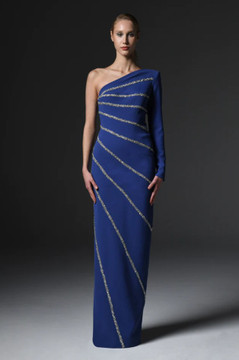 Crêpe Asymmetric Gown with Crystals