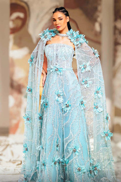 Floral Strapless Gown with Cape Sleeves Floral Strapless Gown with Cape Sleeves