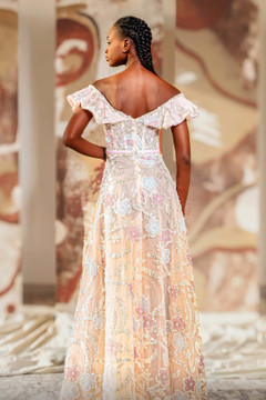 Off Shoulder A-Line Gown with Ruffle Detail Off Shoulder A-Line Gown with Ruffle Detail