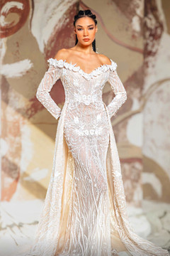 Long Sleeve Off Shoulder Gown with Overskirt Long Sleeve Off Shoulder Gown with Overskirt