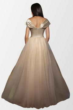 Off-Shoulder Satin & Chiffon Gown Off-Shoulder Satin & Chiffon Gown