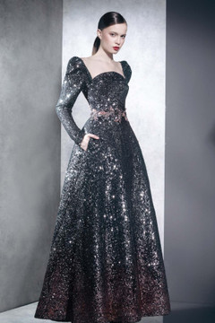 Fully Embellished Long Sleeve A-Line Gown