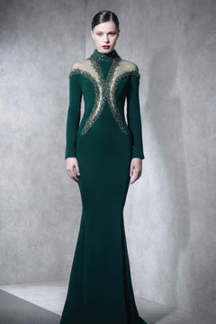 High Neck Long Sleeved Flared Gown