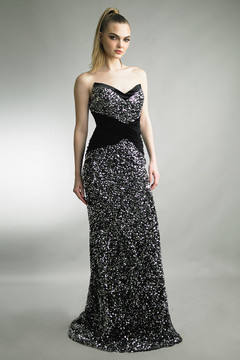 Fully Embellished Strapless Gown with Train