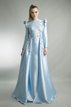 Long Sleeve A-Line Gown with Ruffled Shoulders