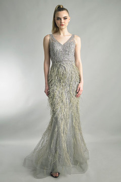 Feathered Flared Sleeveless Gown