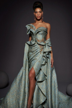 Strapless Sculpted Bodice Gown with Overskirt Strapless Sculpted Bodice Gown with Overskirt