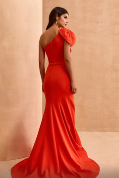 One Shoulder Flared Gown with Sculpted Bodice