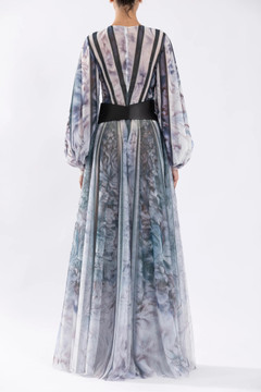 Tulle Printed Gown with Bell Sleeves Tulle Printed Gown with Bell Sleeves