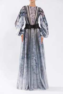 Tulle Printed Gown with Bell Sleeves Tulle Printed Gown with Bell Sleeves
