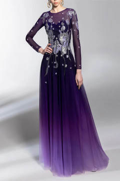 Long Sleeved Gradient Print Gown with Beading Long Sleeved Gradient Print Gown with Beading