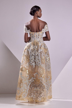 Lace Lamé Off Shoulder Gown Lace Lamé Off Shoulder Gown