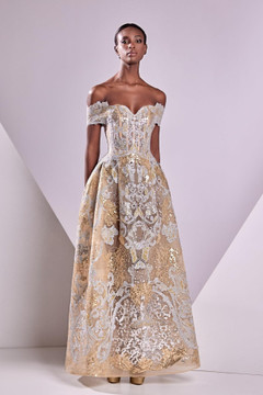 Lace Lamé Off Shoulder Gown Lace Lamé Off Shoulder Gown