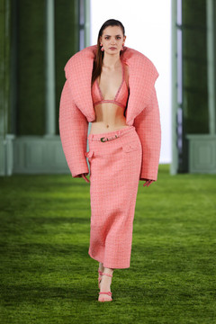 Cropped Tweed Jacket with Tulle Bralette and Low-Waist Skirt Cropped Tweed Jacket with Tulle Bralette and Low-Waist Skirt