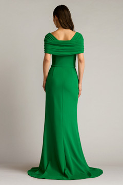 Textured Crepe Draped Gown with Cascading Ruffle Textured Crepe Draped Gown with Cascading Ruffle