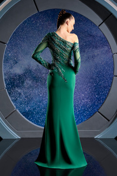 One Sleeve Beaded Crepe Gown One Sleeve Beaded Crepe Gown