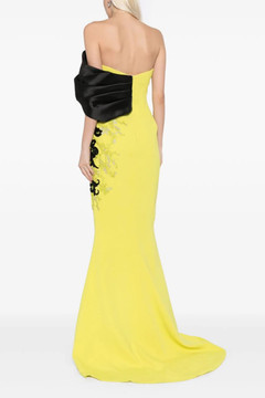 Crepe Gown with Mikado One Sided, Off the Shoulder Sleeve Crepe Gown with Mikado One Sided, Off the Shoulder Sleeve