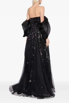 Organza Gown with Dotted Beading and Pleated Off Shoulder Sleeves Organza Gown with Dotted Beading and Pleated Off Shoulder Sleeves
