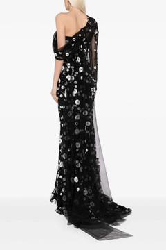 Tulle One Shoulder Gown with Dotted Beading and Tulle Tail Tulle One Shoulder Gown with Dotted Beading and Tulle Tail