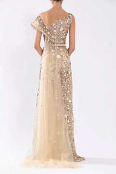 Tulle Gown with Envelope Skirt and Off-Shoulder Sleeve and Tulle Tail