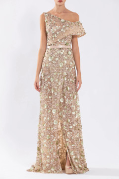 Tulle Gown with Envelope Skirt and Off-Shoulder Sleeve and Tulle Tail