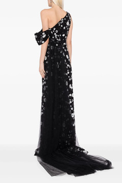 Tulle Gown with Envelope Skirt and Off the Shoulder Sleeve and Tulle Tail Tulle Gown with Envelope Skirt and Off the Shoulder Sleeve and Tulle Tail