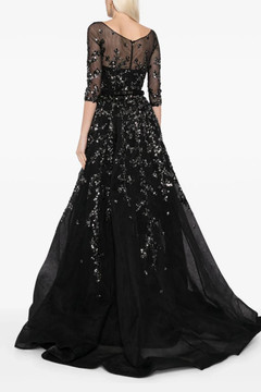 Tulle Beaded Quarter Sleeve Gown with Envelope Skirt and Overskirt Tulle Beaded Quarter Sleeve Gown with Envelope Skirt and Overskirt