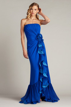 Pleated Strapless Gown with Cascading Ruffles Pleated Strapless Gown with Cascading Ruffles