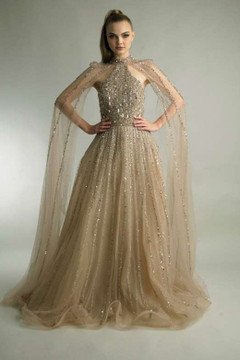 Halter Long Capelet Sleeve Beaded Gown Halter Long Capelet Sleeve Beaded Gown