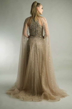 Halter Long Capelet Sleeve Beaded Gown Halter Long Capelet Sleeve Beaded Gown