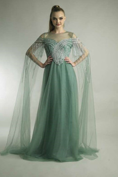 Long Sleeve Capelet Fringe Tulle Gown Long Sleeve Capelet Fringe Tulle Gown