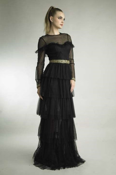 Long Sleeve Pleated Tiered Gown Long Sleeve Pleated Tiered Gown